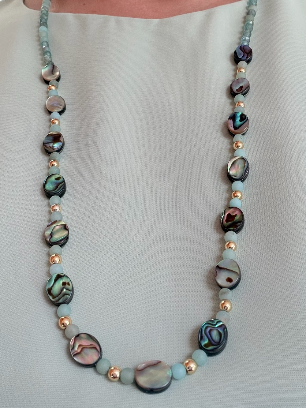 Elegant Abalone shell necklace,apatite,amazonite & gold beads.Lobster,29”-30”